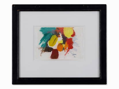 Rolf Hans, Yellow-Green, Watercolor, 1962 : Watercolor on thin paper Germany, 1962 Rolf Hans (1938-1996) – Deutscher Maler Signed and dated ’R Hans 62’ lower right in crayon Sheet dimensions: 14.5 x 21.8 cm Frame: 37 x 43.5 cm Good condit