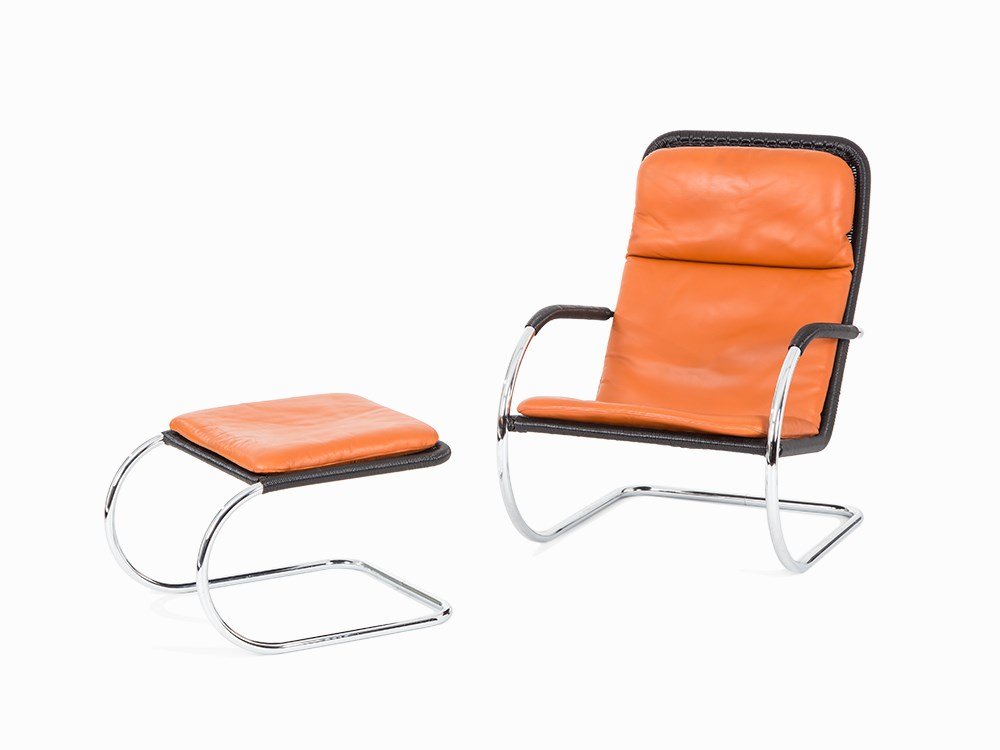 Anton Lorenz, Chair with Ottoman D 35, 1930s: Steel tube, chromed, black netting, cushion in brown leather cover Germany, 1935 Anton Lorenz (1861-1964) - Hungarian-German Designer and entrepeneur Execution: Tecta (est. 1956) - German furniture ma