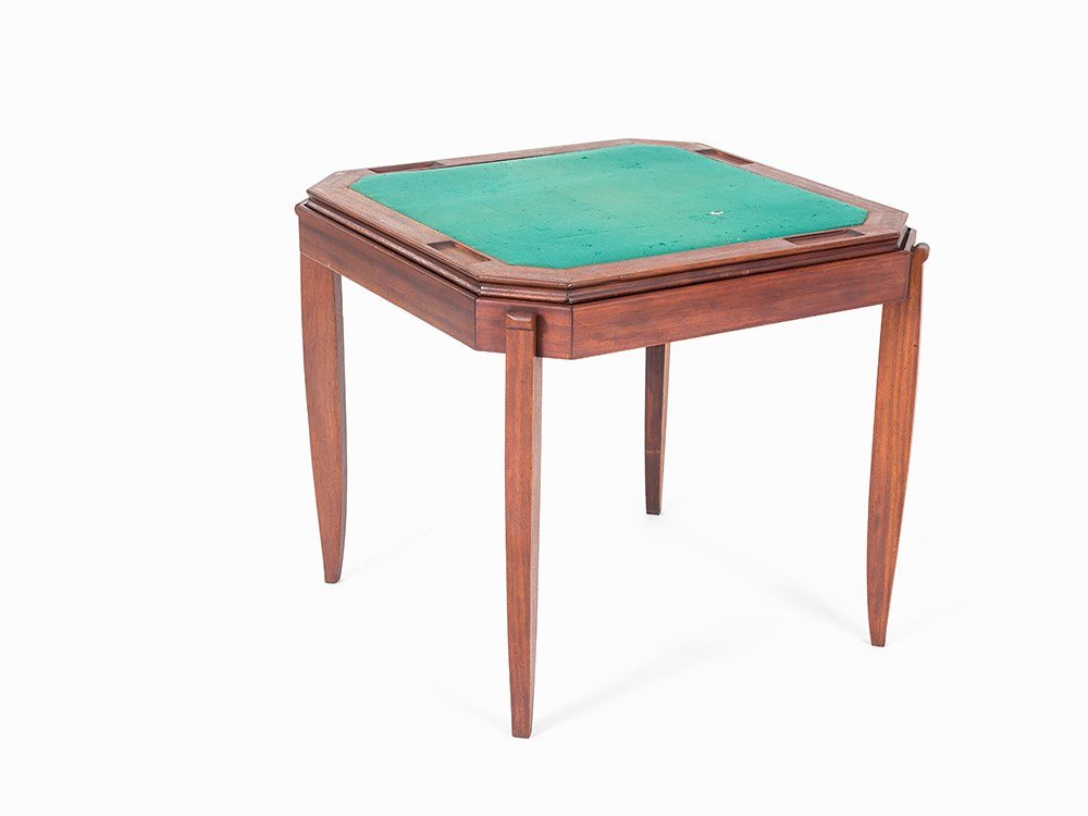 Christian Krass, Game Table, France, c. 1935: Wood, dark stained, inside greed, fabric cover France, c. 1935 Christian Krass (1868-1957) - French designer Loose table top with depression for jetons, below four compartments Dimensions: 73 x 80 x 8