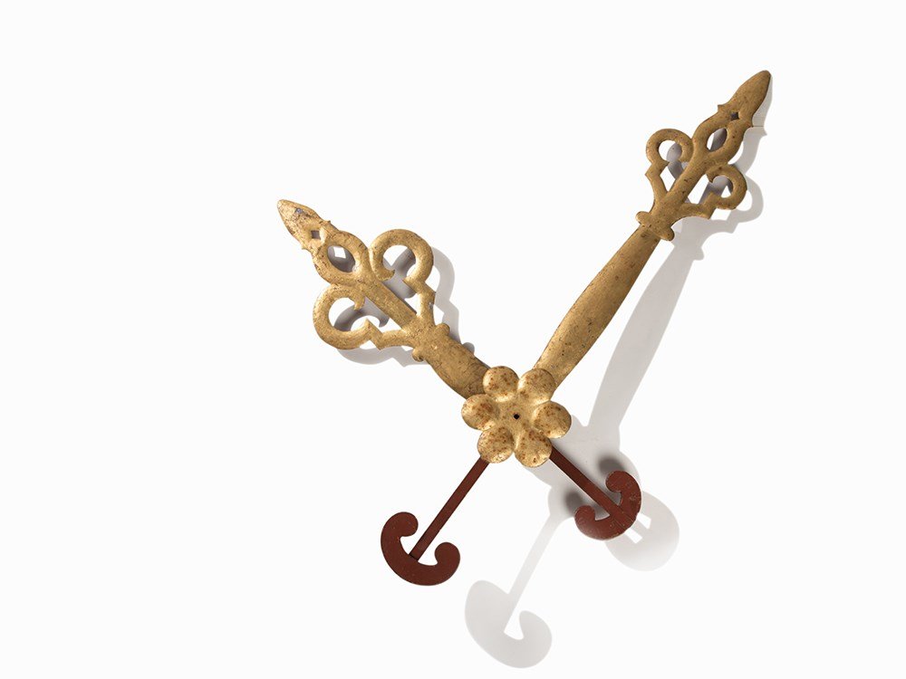 A Pair of Large Hands Of A Clock Tower, 19th Century: Iron, hammered; with oil gilding Europe, 19th century Oversize Clock Hands, Slightly curved shapes for a clock-face of min. 3 meters in diamater Open-worked points With counterweights Length: 160 or