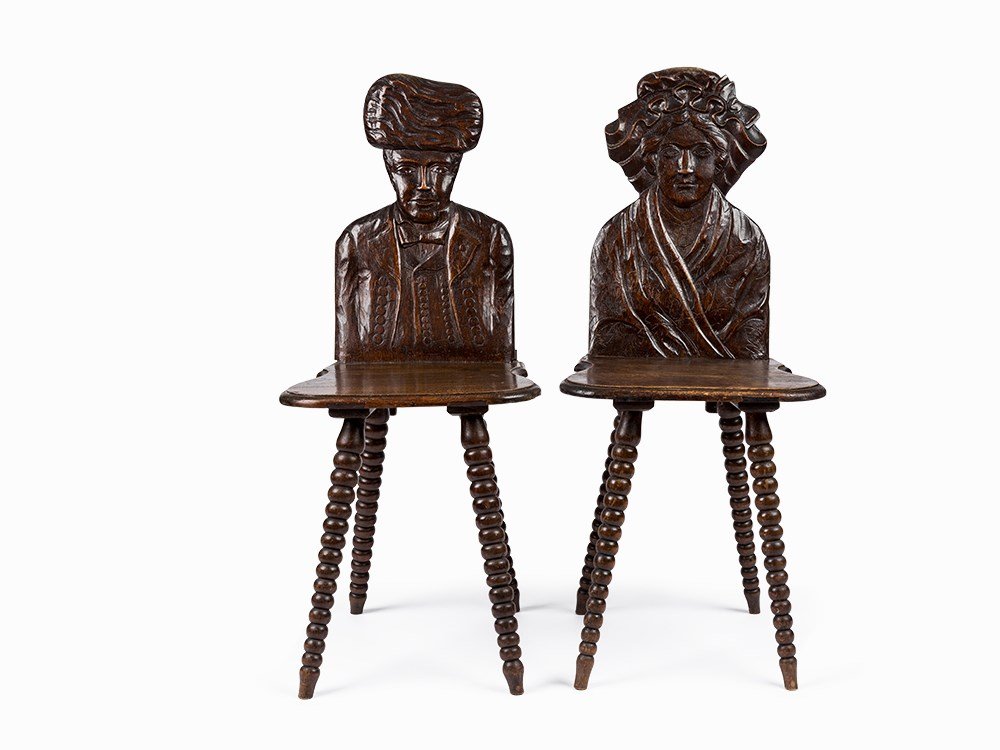 A Pair of Chairs, Netherlands, 19th C. : Carved oak Netherlands, 19th century Height: 97 cm Good condition Estimate by Auctionata Expert: 500 Euro Condition: The objects are in good conserved condition, small losses throughout. The o