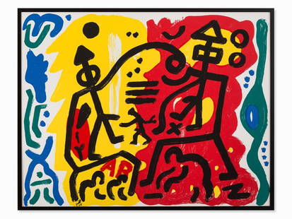 A.R. Penck, Figurative Composition, Color Serigraph,: Serigraph in colors on cardboard Germany, 1990s A.R. Penck (b. 1939) – German painter and printmaker Sheet dimensions: 86.1 x 112.8 cm Frame dimensions: 89.2 x 116.1 cmCondition: The serigraph