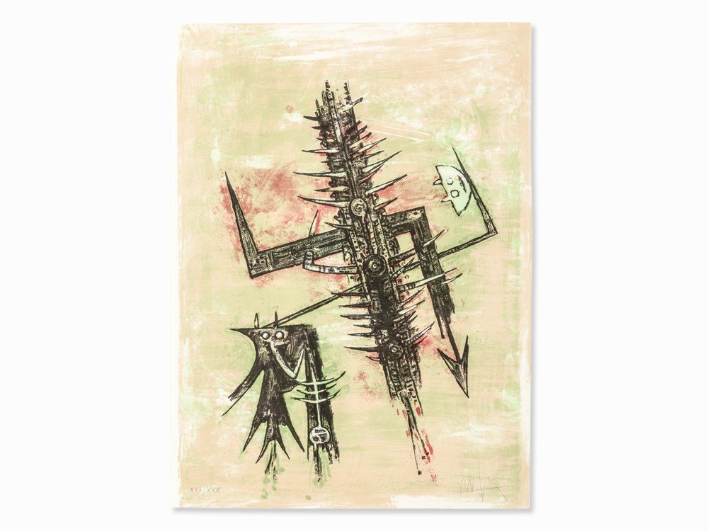 Wifredo Lam, Hommage à Picasso, Color Lithograph, 1973: Lithograph in colors on wove paper ‘BFK Rives’ (watermark) Switzerland, 1973 Wifredo Lam (1902-1982) – Cuban artist Signed ‘Wifredo’ and numbered ‘XXI/XXX’ in pencil From volume 5 of the