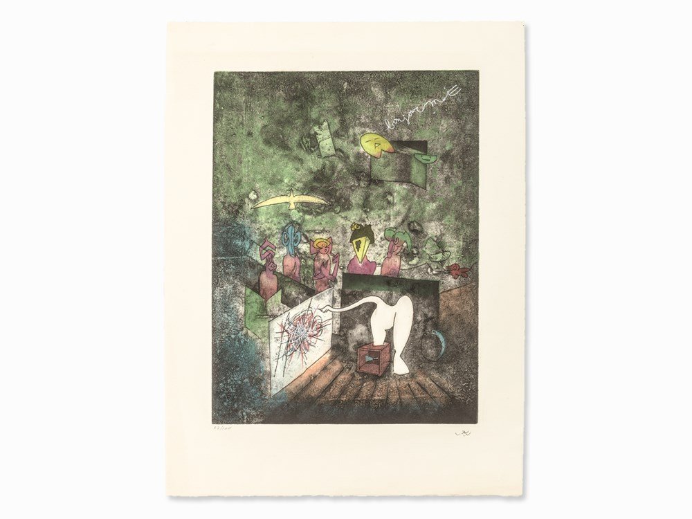 Roberto Matta, Bonjour Max Ernst, Etching in Colors,: Aquatint etching in colors on wove paper ‘Arches’ (watermark) France, 1974 Roberto Matta (1911-2002) - Chilean architect and artist of Surrealism Signed ‘Matta’ and numbered ‘67/100’ in pe