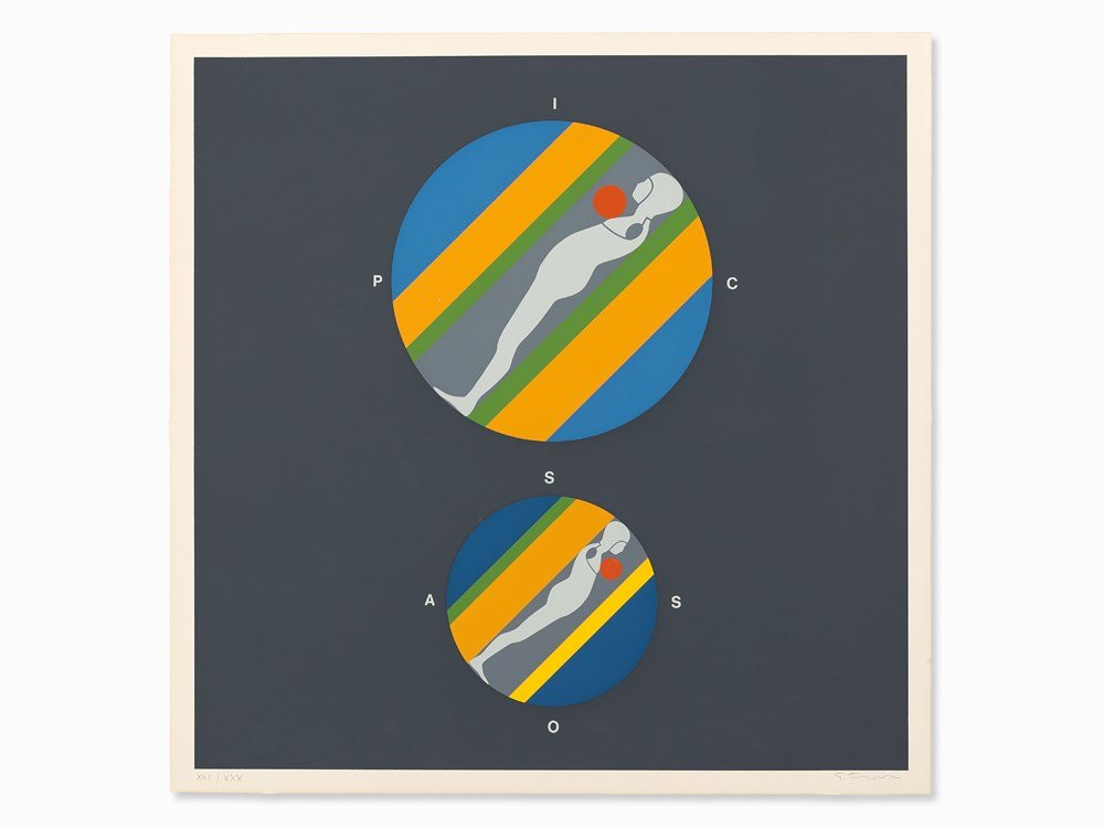 Ernest Trova, Untitled (Hommage à Picasso), Serigraph,: Serigraph in colors on cardboard USA, 1973 Ernest Trova (1927 - 2009) – US-American painter, sculptor and graphic artist Signed ‘E Trova’ and numbered ‘XXI / XXX’ in pencil Image dimensions: