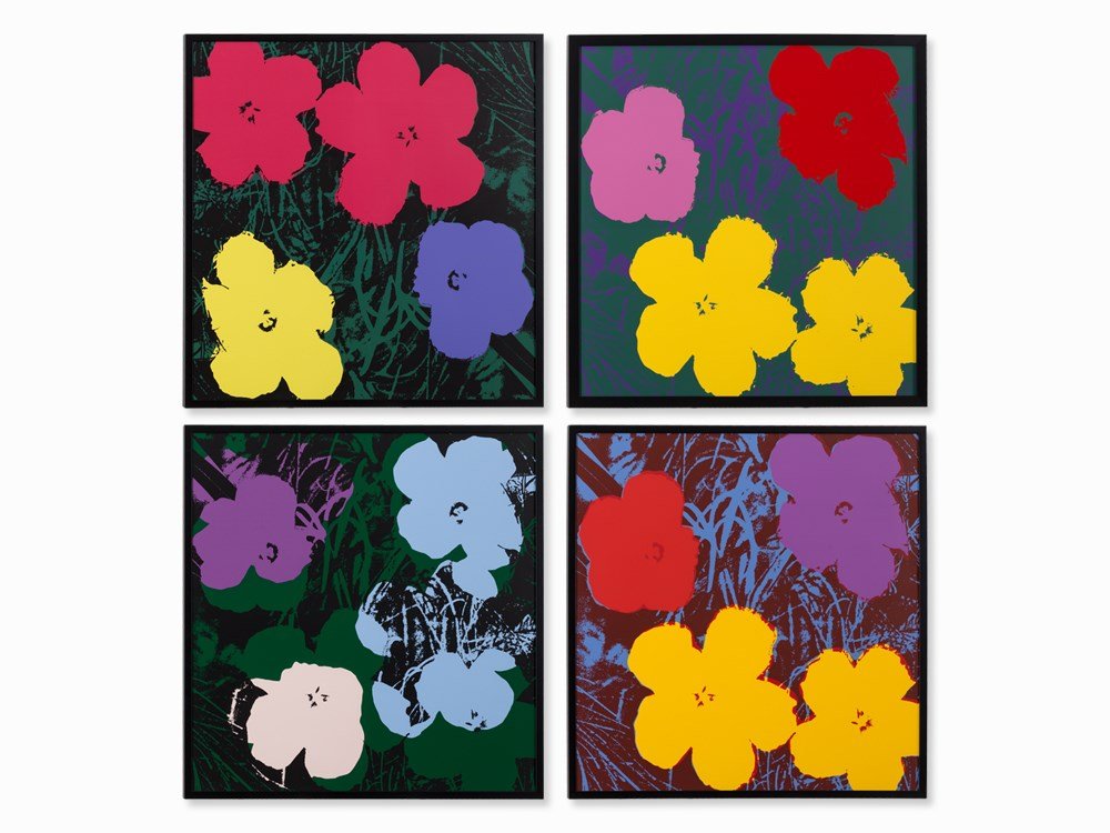 After Andy Warhol, Flowers, Color Serigraph, 1970/1980s: Auction announcements 4th April 2016 Lot 160: This lot contains 4 color serigraphs. The correct title is: “After Andy Warhol, Flowers, 4 Serigraphs in Colors, 1970/1980s”. The object is regular t