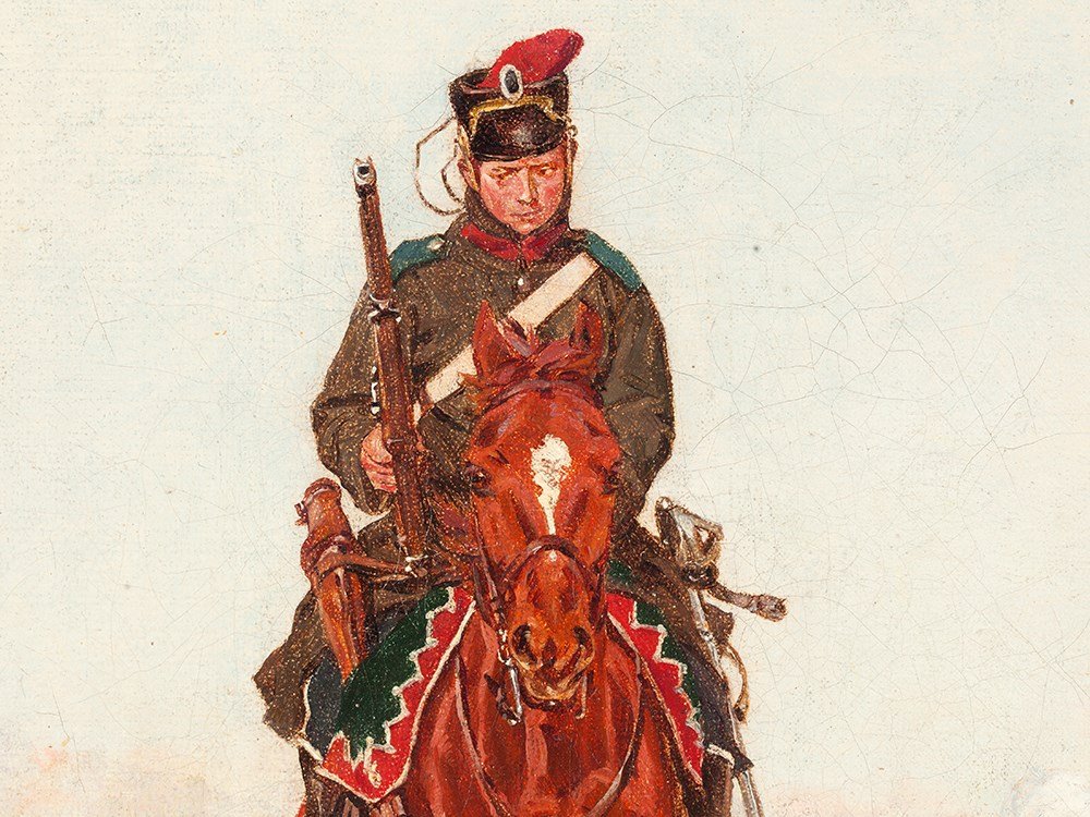 ‘Cavalryman in a Winter Battle‘, around 1870: Oil on canvas Germany, around 1870 Gustav Wie (19th century) – German painter Signed lower right: ‘G. Wie’ Measurements in frame: 25 x 21 cm Good condition This rider on a brown horse is coming 
