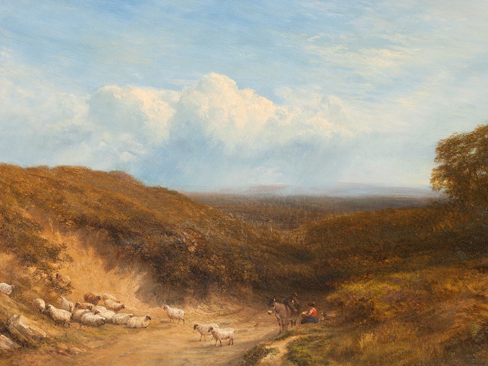 George Cole, Oil Painting, English Countryside, 1878: Oil on canvas England, 1878 George Cole (1810-1883) – British landscape, portrait and animal painter Signed and dated on the lower left ‘G. Cole 1878‘ Brass label on the lower center of the fram