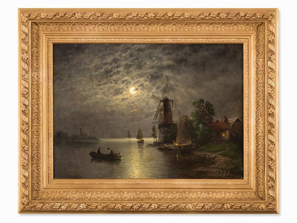 Johann Jungblut (1860-1912), Nocturnal Landscape, c.: Oil on canvas Germany, circa 1890 Johann Jungblut (1860-1912) – German painter and craftsman Signed ‘J. Sander’ (pseudonym) lower left Dimensions: 47 x 65.5 cm Framed: 69.5 x 87.5 cm Good condit