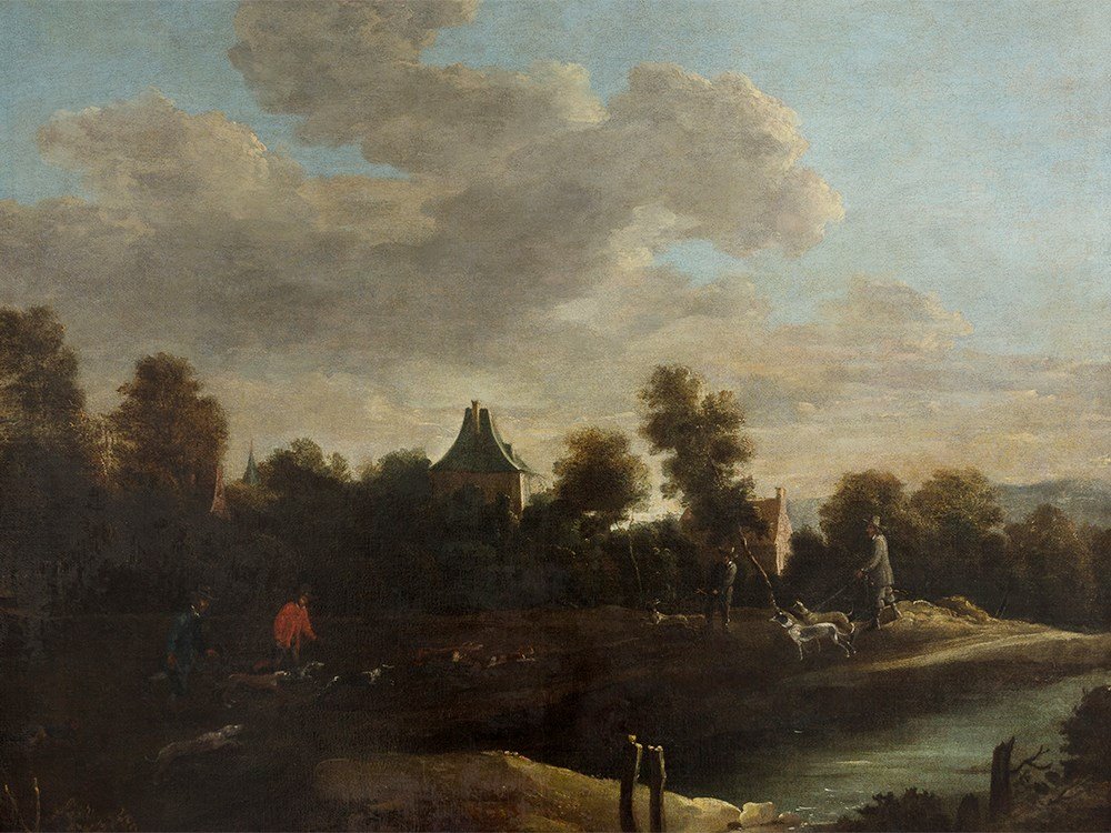 David Teniers II (1610-1690), Follower, Hundsmen &: Oil on canvas, relined Belgium, 17th/18th century David Teniers II (1610-1690) - Flemish Painter Inscribed ‘DT. F’ (repainted) lower center On verso different commission and owner tags Dimensions:
