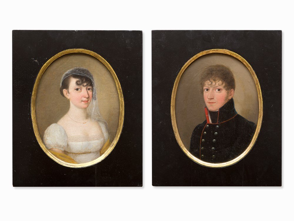 2 Paintings, Biedermeier Portraits of a Young Couple,: Oil on canvas Presumably Germany, around 1820 Decorative frames Overall dimensions framed each: 37.7 x 31.2 cm, each Good condition This oil painting of an unknown artist was created in 1899. The lady