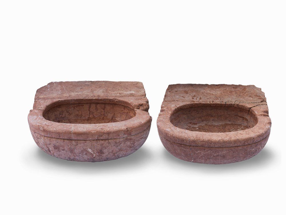Pair of Horse Watering Troughs of Red Marble, c.: Red marble Austria, around 1800/30 Two oval watering places for horses Very rare and historic version Weight, each: approx. 250 kg Overall dimensions: 30 x 74 x 74 cm (height x width x depth) Good con
