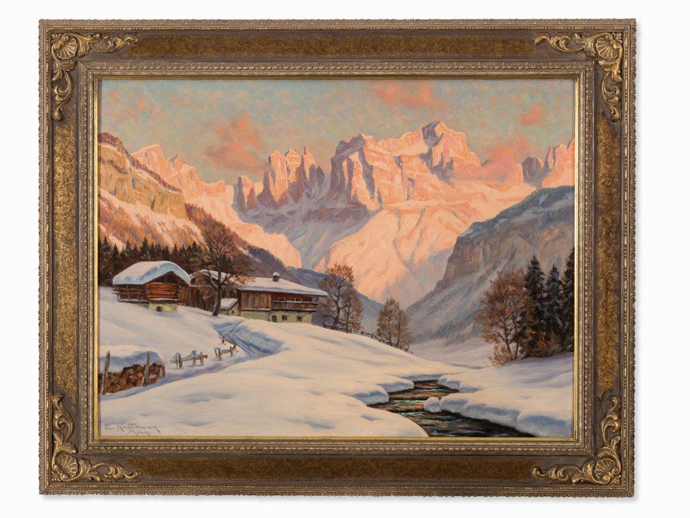 Erwin Kettemann (1897-1971), Dolomites at Winter, Oil,: Oil on canvas Germany, mid-20th century Erwin Kettemann (1897-1971) - German landscape painter Signed with location lower left ‘E. Kettemann. Mchn.’ Dimensions: 60 x 80 cm Framed: 79 x 99 cm Very