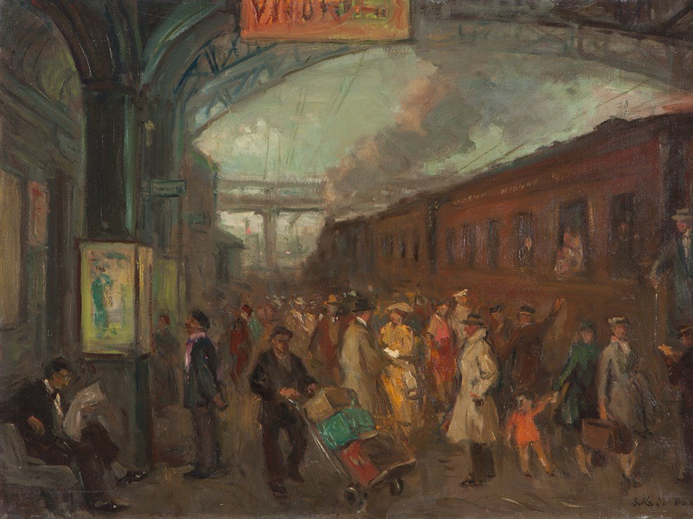 Boris Kriukow, Oil Painting, En la Estación, Argentina,: Oil on canvas Buenos Aires, Argentina, around 1955 Boris Kriukow (1895-1967) – Ukrainian artist who lived in Buenos Aires since 1948 Signed ‘B. Kriukow’ and illegibly dated lower right Image siz