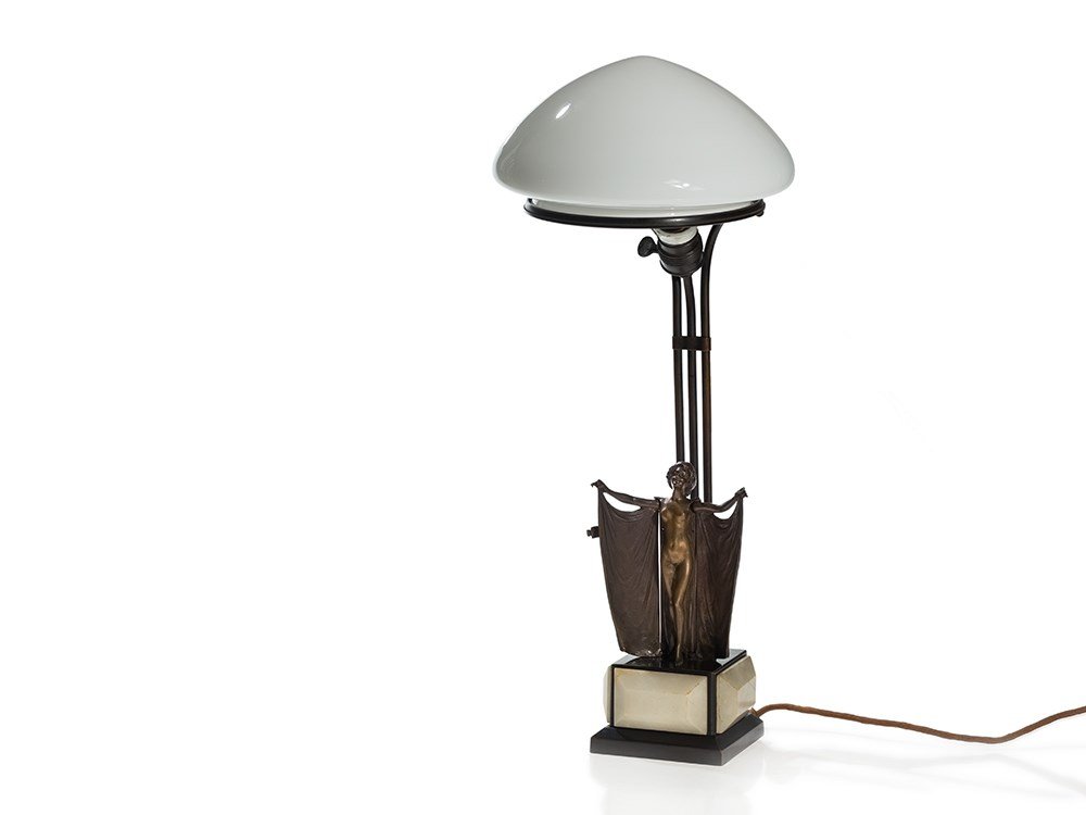Carl Kauba, Lamp with Automata & Vienna Bronze Erotica,: Bronze, brass and metal patinated; white alabaster; opalescent glass shade Austria, around 1920 Carl Kauba (1865-1922) – Viennese sculptor Verso signed on the plinth ‘C. Kauba’ Lamp with automat
