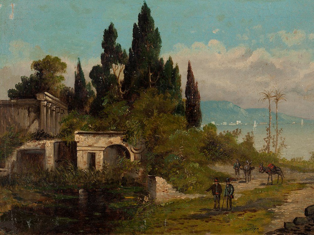 Heinrich von Wertheim, Oil Painting, ‘At Lake Garda’,: Oil on canvas, relined Italy, around 1928 Heinrich von Wertheim (1875-1945) – Austrian landscape and veduta painter Signed lower right ‘H. Wertheim’ Verso with an old label ‘… at Lake Garda