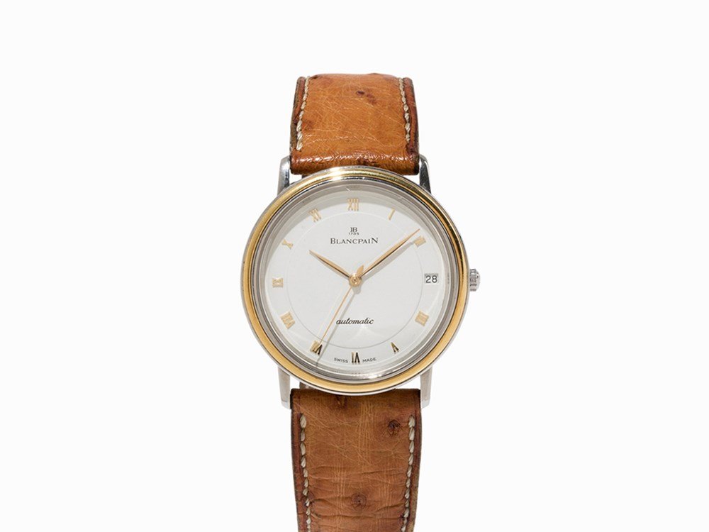 Blancpain Villeret Wristwatch, Switzerland, c. 1995: Blancpain Villeret wristwatch Switzerland, c. 1995 Automatic movement, hour, minute, second, date White dial, gold hands Watch case of stainless steel Original, brown ostrich leather strap with origin