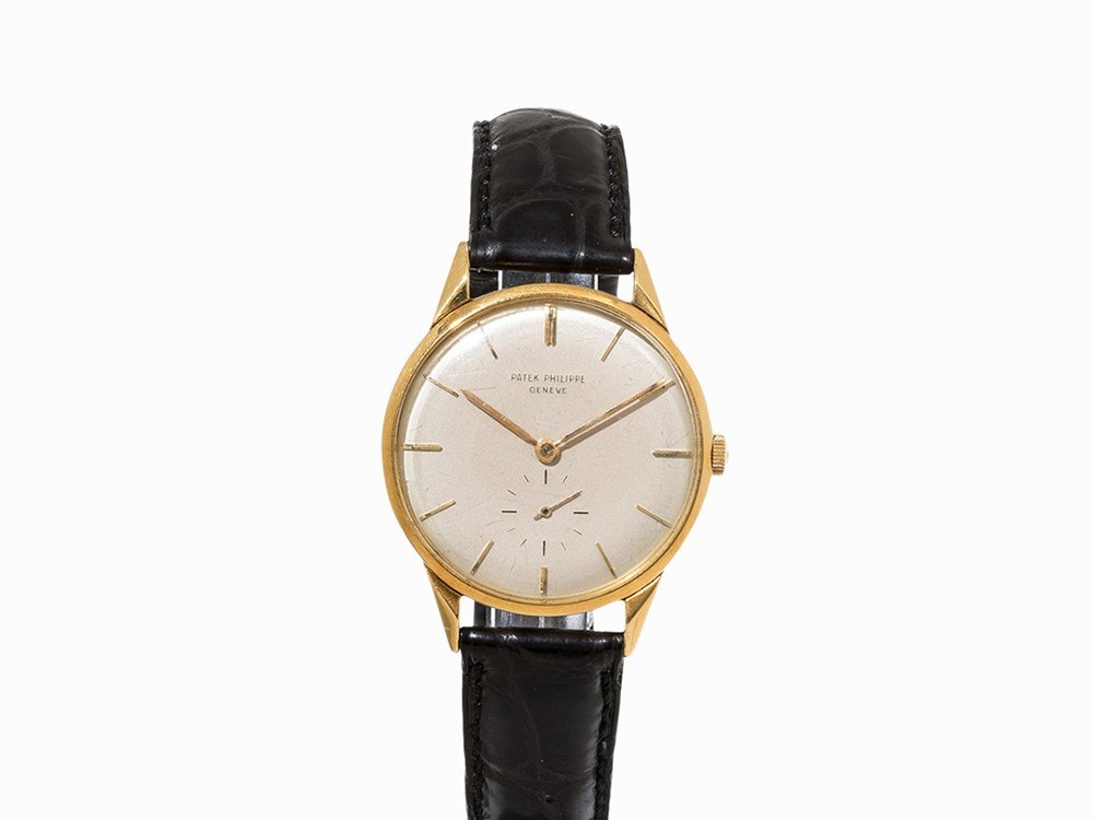 Patek Philippe Wristwatch, Ref. 2568, c. 1950: Patek Philippe wristwatch, ref. 2568 Switzerland, c. 1950 Manual wind movement, calibre 10-200, adj. 5; 18 jewels, hour, minute, subsidiary second Silver dial, gold hands Watch case and original pin b