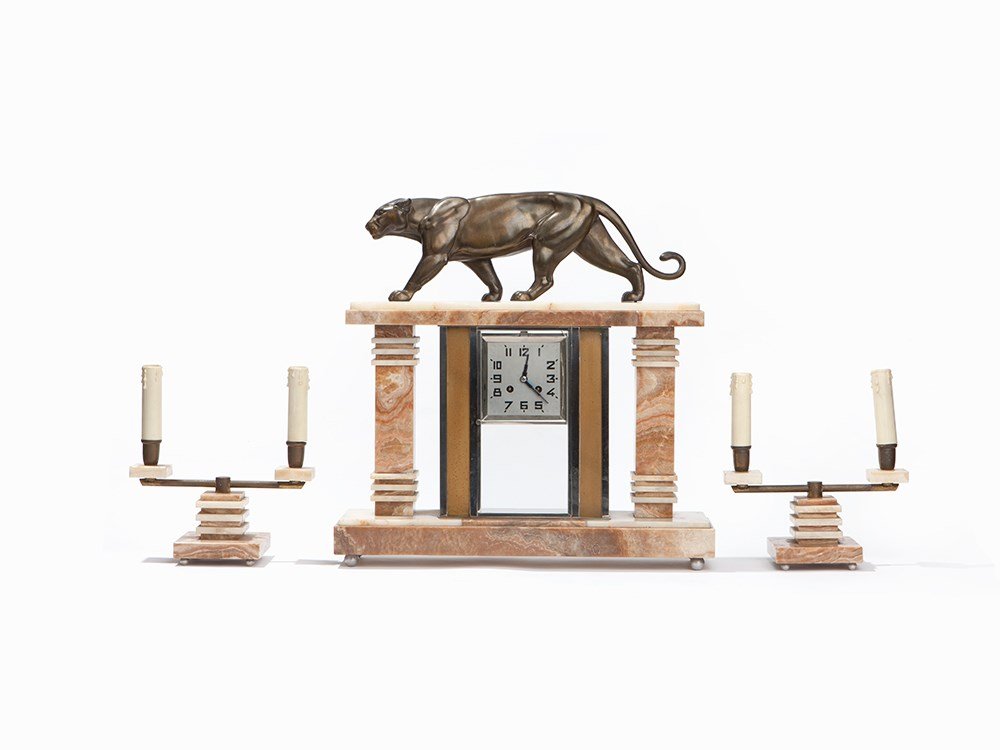 Fireplace Clock with Panther & Pair of Lamps, France,: Zinc cast, metal, brass, marble France, 1920s Art Deco Brass housing, numbered ‘53748’ and ‘748’ inside Brass pendulum Metal dial with Arabic dials Hour and minute hands of steel (presumably)