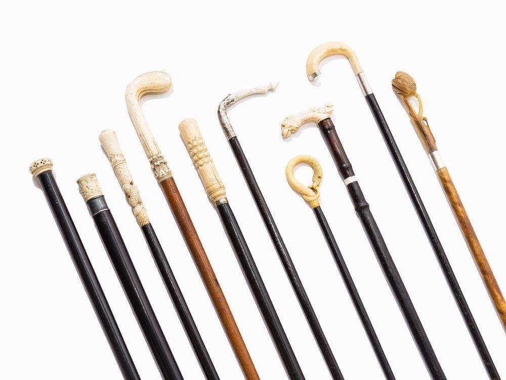 A Collection of 10 Dandy Canes, late 19th/1st Q. 20th: Ebonized wood and hardwood, ivory, bone and horn, partially carved, tin and silver (800/tested) Presumably France, late 19/first quarter 20th century 1 mount hallmarked with the silver standard Slende