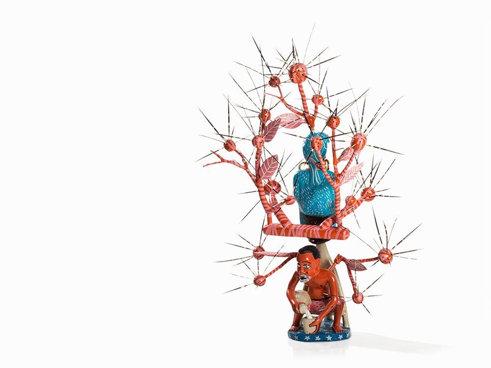 John Goba (born 1944), Madame Yoko and the Palm Wine: Wood, polychrome paint; porcupine quills Africa, circa 2015 John Goba (born 1944) - Major African contemporary artist Variable dimensions: circa 138 x 92 x 42 cm Good condition Gobas’ sculptural gro