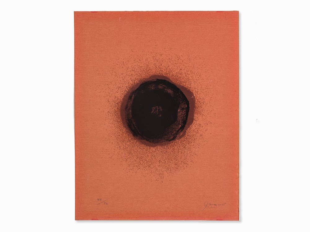 Otto Piene, Untitled, Serigraph, 1966: Serigraph in black on red colored cardboard Germany, 1965/66 Otto Piene (1928-2014) – German artist and co-founder of artist group ZERO Signed and dated ‘Piene 65’ as well as numbered ‘49/50��