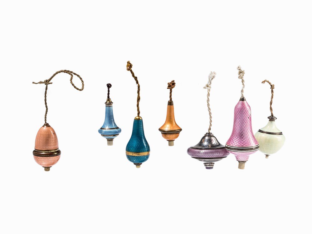 7 Hanging Bell Pushers, Polychrome Guilloche Enamel, (1 of 8)