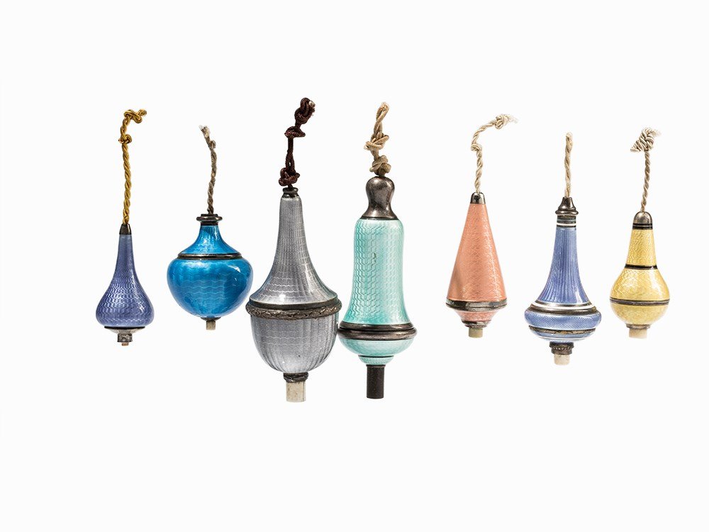 7 Hanging Bell Pushers, Polychrome Guilloche Enamel, (1 of 10)