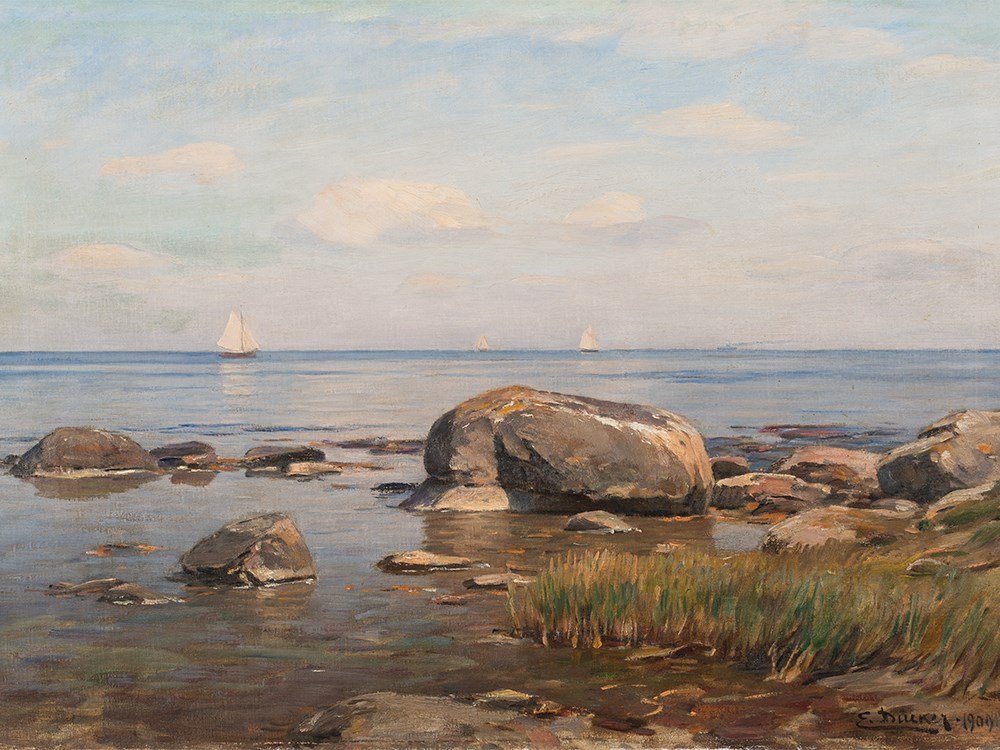 Eugen G. Dücker (1841-1916), A Stony Shore, Oil, 1909: Oil on canvas Germany, 1909 Eugen Gustav Dücker (1841-1916) - German landscape painter, follower of Oswald Achenbach at the Düsseldorf Academy Signed and dated ‘E. Dücker 1909’ lower right Cert