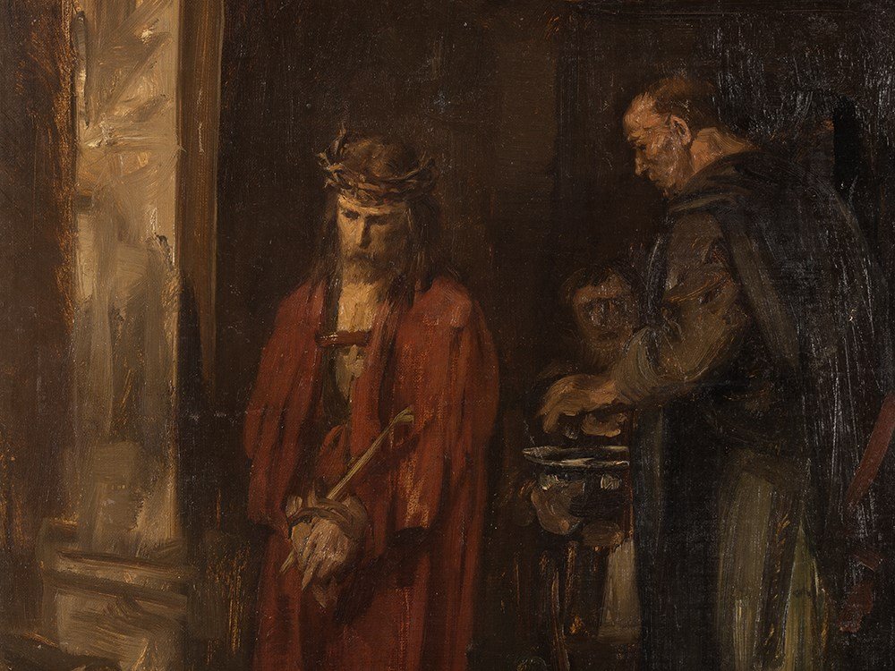 Eduard von Gebhardt (1838-1925), Jesus Before Pilate,: Oil on canvas, laid down on panel Germany, c. 1910 Eduard Karl Franz von Gebhardt (1838-1925) – German painter Signed lower left ‘E v Gebhardt’ This work is accompanied by a certificate by the E
