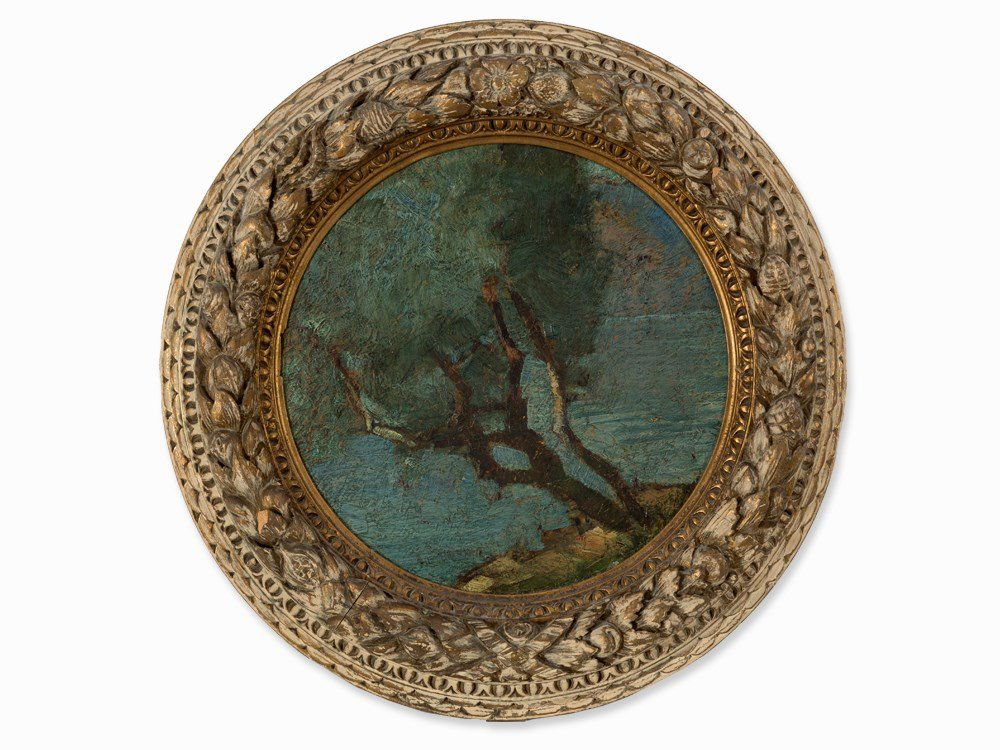 Ettore Burzi (1872-1937), Olive Tree, Oil, circa 1900: Oil on cardboard Lugano, circa 1900 Ettore Burzi (1872-1937) - Italian-Swiss painter Barely legible signature ‘E. BURZI’ lower left Label of Ettore Burzi’s studio gallery in Lugano on the revers