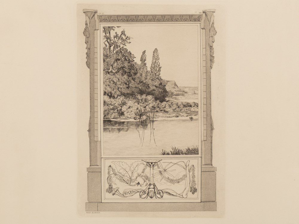 Max Klinger, Narcissus and Echo II, Etching/Aquatint,: Etching and aquatint on yellowish copper printing paper Germany, 1879 Max Klinger (1857-1920) – German sculptor, painter and illustrator Typically inscribed in the plate ‘MAX KLINGER’; also with