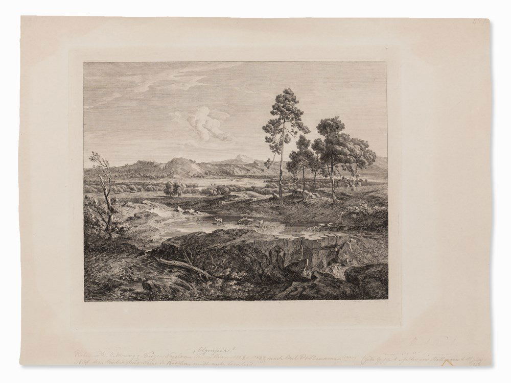 E. Neureuther, Olympia, after Carl Rottmann, Etching,: Etching on wove paper Germany, c. 1840 Eugen Napoleon Neureuther (1806-1882) – German painter, draftsman and etcher Titled in pencil lower center ‘Olympia’ and with further annotations (hard to