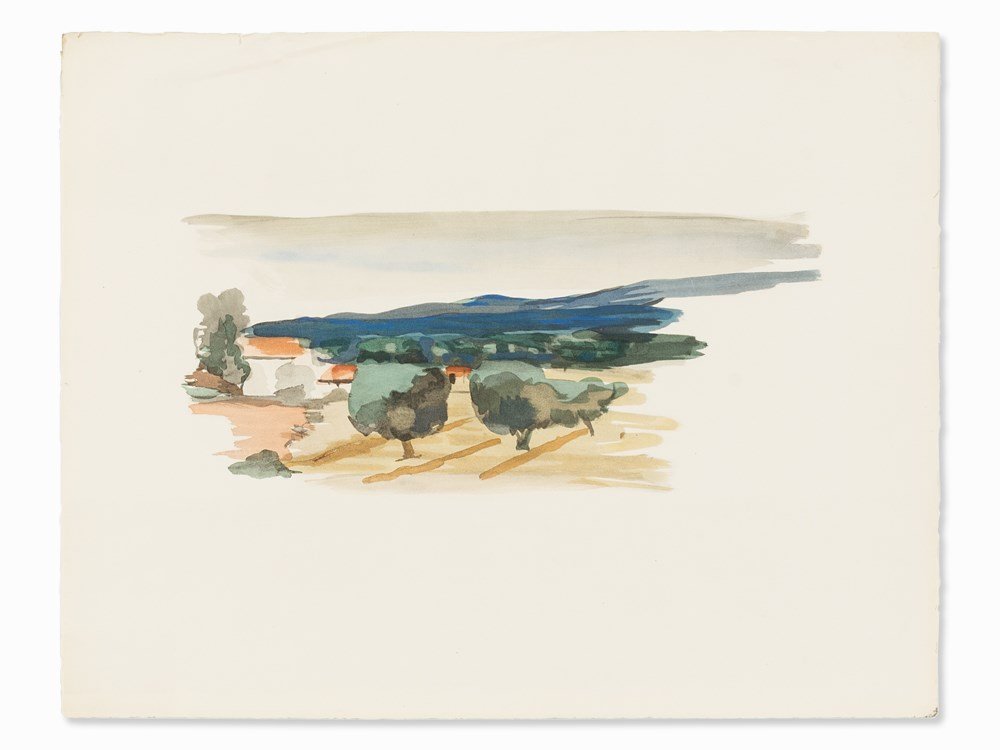 After André Derain, Paysage, Collotype, 1933: Collotype in colors on ‘Arches’ wove paper (watermark) France, 1933 After André Derain (1880-1954) – French painter, sculptor and graphic artist; follower of the ‘Fauves’ With blind stamp �