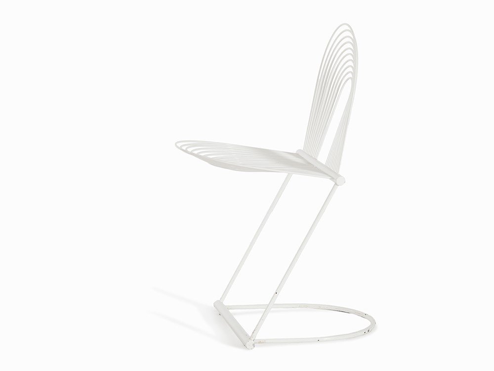 Jutta and Herbert Ohl, Stacking chair “Swing”, Germany,: Aluminum, spring steel, light grey painted Germany, 1982 Design: Jutta and Herbert Ohl – German designer couple Manufactured: 1980s, Rosenthal Studio Linie Einrichtung Cantilever chair From the seri