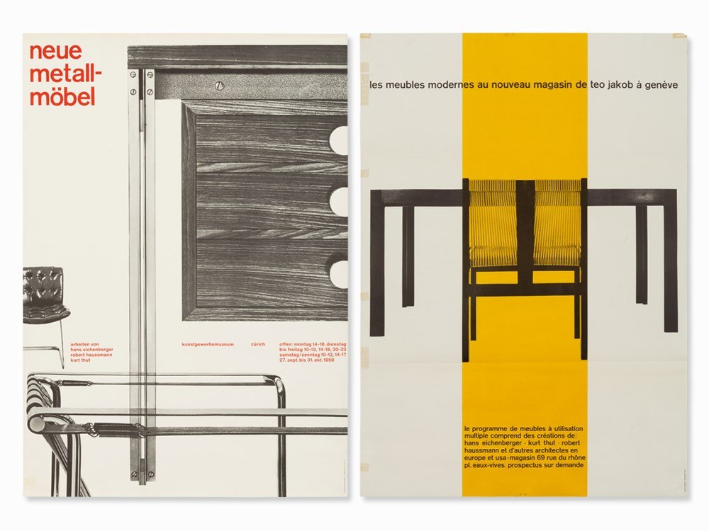 Alfred Hablützel ‘Neue Metallmöbel’ & ‘Theo Jacob’,: Offset and Colour lithograph on thin offset paper Switzerland, Zurich, 1957/58 Alfred Halblützel (b. 1931) - Swiss interior architect, designer and photographer Two exhibition posters ‘Neue Metallm