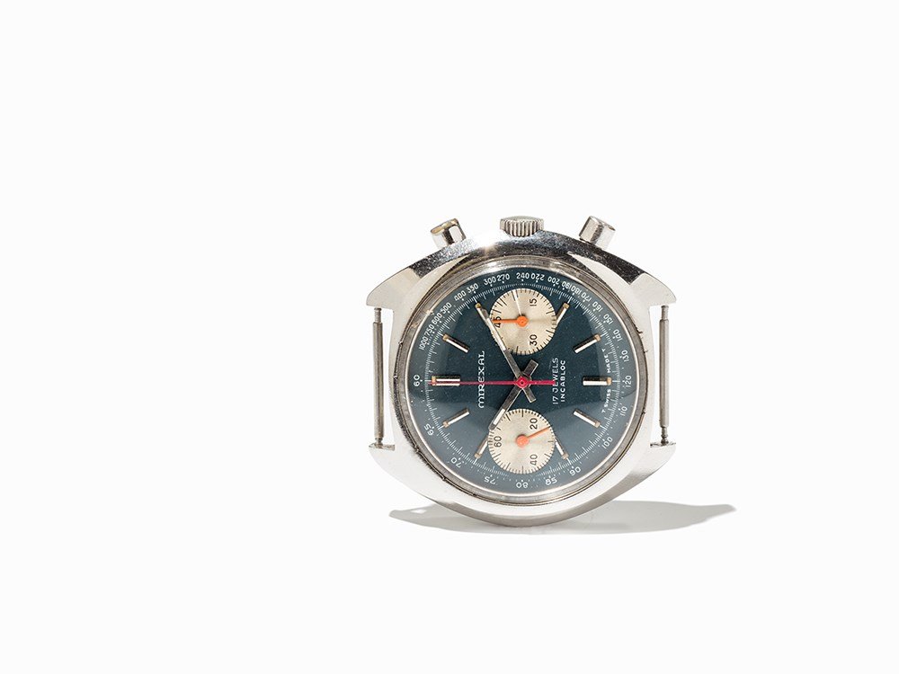 Mirexal, Chronograph Watch Case, Switzerland, 20th: Stainless steel chronograph watch case, Mirexal Switzerland, 20th century Manual wind movement, 17 jewels; hour, minute, second Blue dial; silver colored hands, line indices Watch case of stainless st