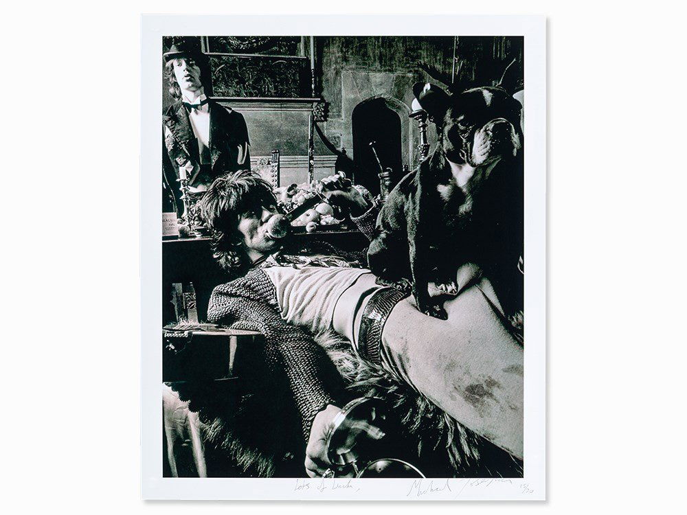 Michael Joseph (b. 1941), Mick And Keith With Pug,: Archival Fine Art Print London/Derbyshire, 1968; later print Michael Joseph (b. 1941) – South African photographer Signed and numbered with black pen lower right ‘Michael Joseph 15/20’ Inscribed