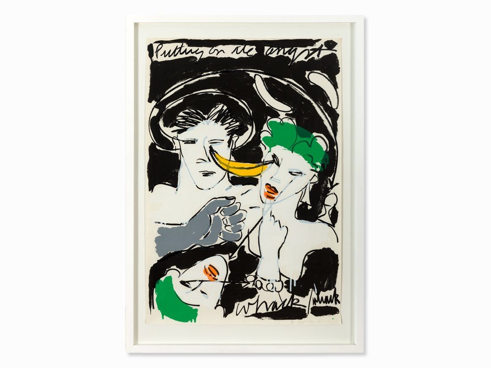 Bruce McLean, Serigraph in Colors, ‘Putting on the: Serigraph in colors on light cardboard Germany, 1982 Bruce McLean (geb. 1944) – Scottish painter and performance artist Numbered, signed, inscribed and dated lower right in pencil ‘1/20 Bruce McLe