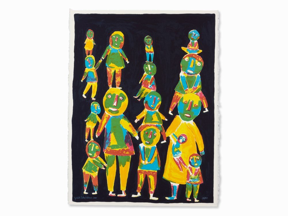 M. Bethe-Selassié (born 1951), Lithograph in 5 Colors,: Lithograph in colors on BFK Rives Velin Germany, 2000 Mickaël Bethe-Selassié (born 1951) – Ethiopian artist Signed and dated lower left in white crayon ‘Mickaël Bethe-Selassié 2000’ Numbered