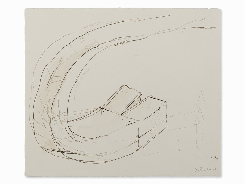 Franz Bernhard (1934-2013), Untitled, Pen and Ink: Pen and ink on smooth wove paper Germany, 1977 Franz Bernhard (1934-2013) – German sculptor Signed ‘F. Bernhard’ lower right in pencil Dated ‘3.77’ lower right in ink Sheet dimensions: 32.9 