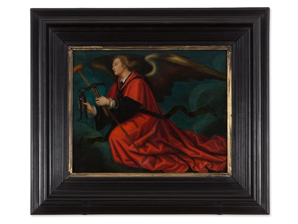 Circle of Hans Baldung Grien, „Angel with Arma: Oil on wood Germany, presumably 1529 Circle of Hans Baldung Grien (1484/85-1545) – German painter and etcher Later applied monogram and date in the lower left „HB 1529“ Counterpart to the panel