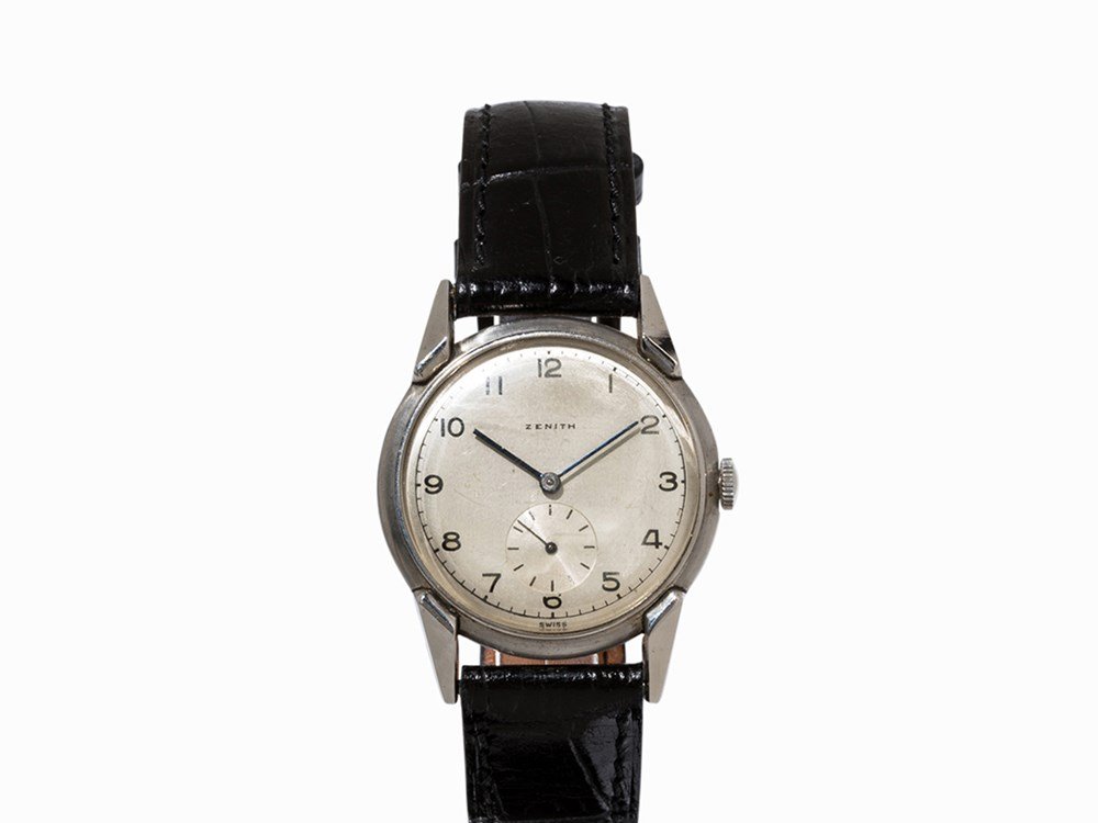 Zenith Vintage Wristwatch, Switzerland, c. 1947: Zenith vintage wristwatch Switzerland, c. 1947 Manual wind movement, calibre 106; hour, minute, subsidiary second Silver dial, blued hands Watch case of stainless steel Black calfskin leather strap wi