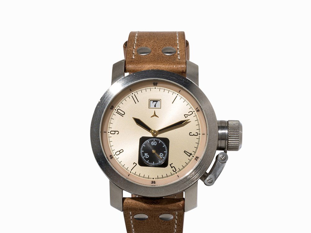Mercedes-Benz Wristwatch, Switzerland, c. 1995: Mercedes-Benz wristwatch Switzerland, c. 1995 Quartz movement, hour, minute, subsidiary second, date Champagne colored dial, gold hands Watch case of stainless steel Brown calfskin leather strap with