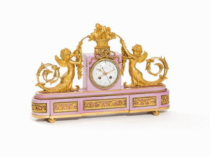 J. Furet, Porcelain Clock with Grotesques, France, c.: Bronze, gold-plated, porcelain, painted gold and rosé, brass, metal, glass France c. 1800 Design of the case pres. Francois Rémond (c. 1747-1812) – - French chaser, engraver, founder and gilder