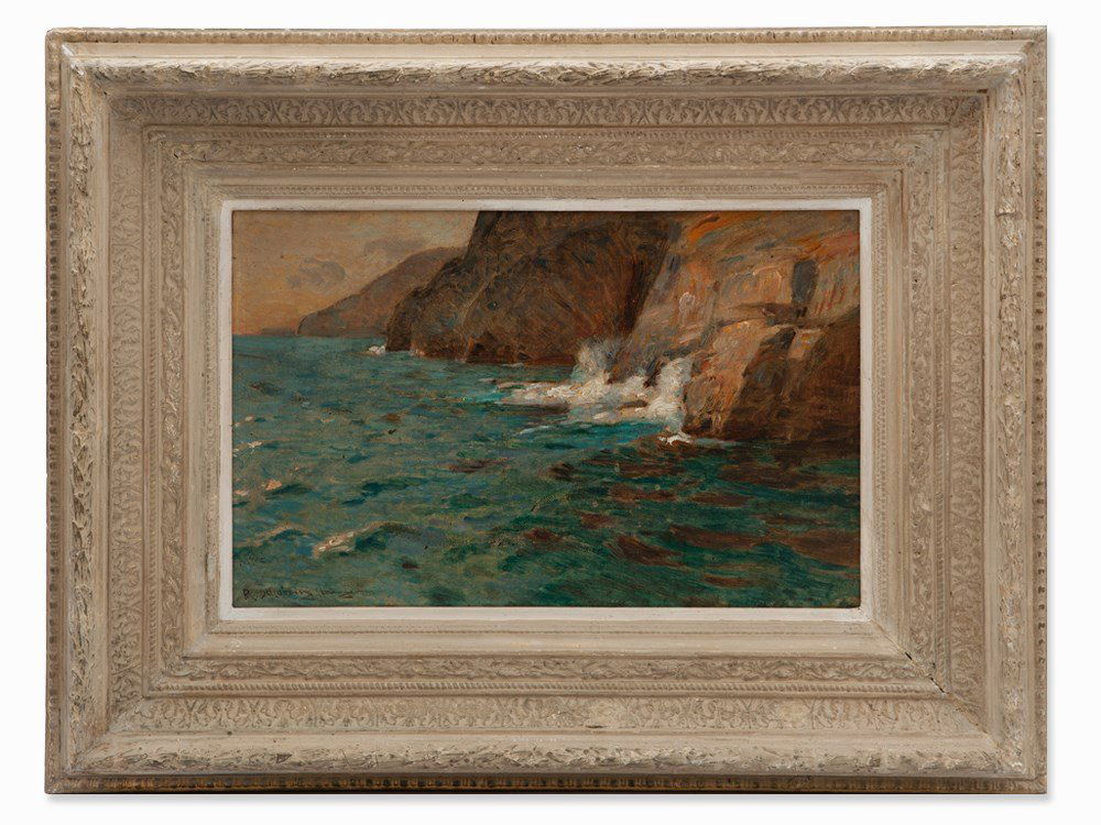 Richard Schubring, Oil Painting, Breakers, Germany,: Oil on canvas on cardboard Germany, circa 1900 Richard Schubring (1853-1902) – German painter, working in Munich since 1900 Signed and located lower left ‘R. Schubring Mchn’ Coastal landscape wi