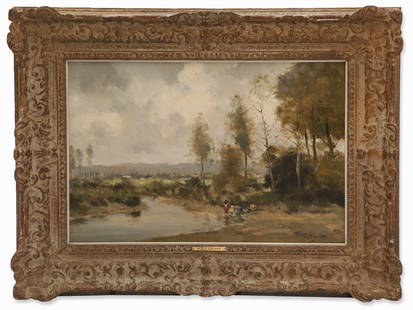 Willem G. F. Jansen, Painting, Laundresses by a River,: Oil on canvas Netherlands, circa 1910 Willem George Frederik Jansen (1871-1949) – Dutch landscape painter and ceramic designer Signed lower right ‘W G F Jansen’ Landscape with laundresses by a r
