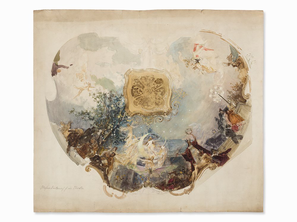 Eduard Veith, Watercolor, Mythological Scene, c. 1900: Watercolor over pencil, partly heightened in white Germany, circa 1900 Eduard Veith (1856-1925) – Austrian painter Inscribed ‘Plafondentwurf f. ein Theater’ lower left and ‘Theater unter den L