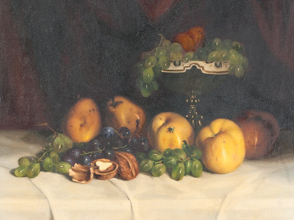 Arpad Romek, Still Life with Fruits, Hungary, c.1930: Oil on canvas Hungary, c.1930 Arpad Romek (1883 - 1960) – Hungarian painter Still life with fruits Signed on the lower right: ‘Romek Arpad‘ Verso stamped Overall dimensions with frame: 83 x 74 c