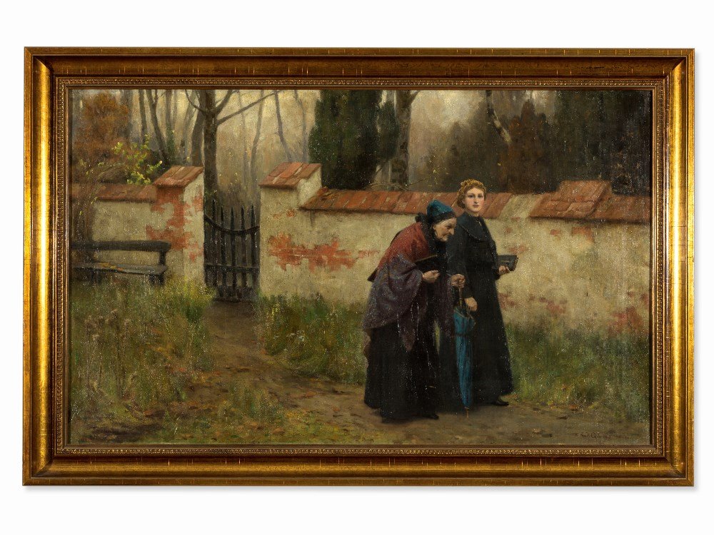 Wilhelm Görms (1864-c.1910), Two Ladies Taking a Walk,: Oil on canvas Germany, 1907 Wilhelm Görms (1864-c.1910) – German painter Signed and dated lower right ‘W. Görms 1907’ Old exhibition label with the number ‘2562’ on verso Dimensions: 64.5